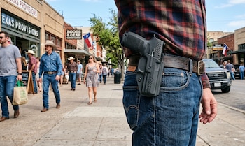 Un hombre con camisa a cuadros y jeans camina por una calle, con una pistola visible en una funda en su cadera derecha, entre otras personas y edificios