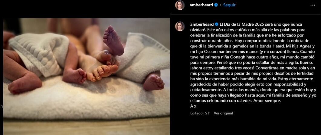 Amber Heard celebró el día de las madres con la llegada de sus gemelos. (Instagram/Amber Heard)