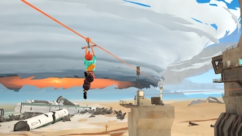 Un personaje de videojuegos se desliza por una tirolesa sobre un paisaje desértico con edificios, estructuras destruidas, nubes y un relámpago
