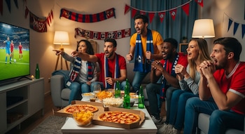 Un grupo de seis amigos sentados en un sofá viendo un partido de fútbol en la televisión, con pizzas y bebidas sobre una mesa en una sala decorada.