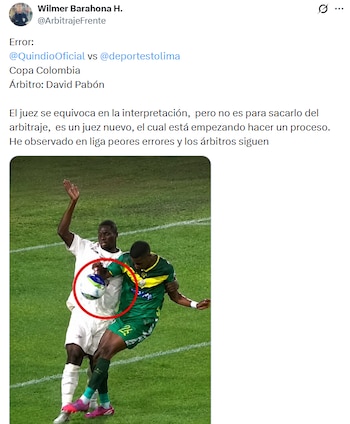 Post de Wilmer Barahona sobre el penalti mal sancionado a favor del Deportes Quindío - crédito X