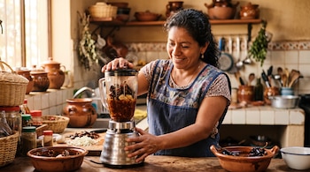 Una mujer sonriente con delantal azul usa una licuadora con chiles, ajo y cebolla en una cocina tradicional con cazuelas de barro.