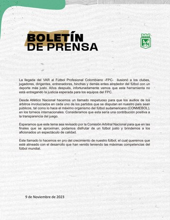 Comunicado de Atlético Nacional
