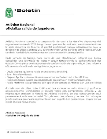 Comunicado de Atlético Nacional anunciando la salida de cinco jugadores que conformaron la plantilla en el primer semestre del 2026 - crédito Atlético Nacional