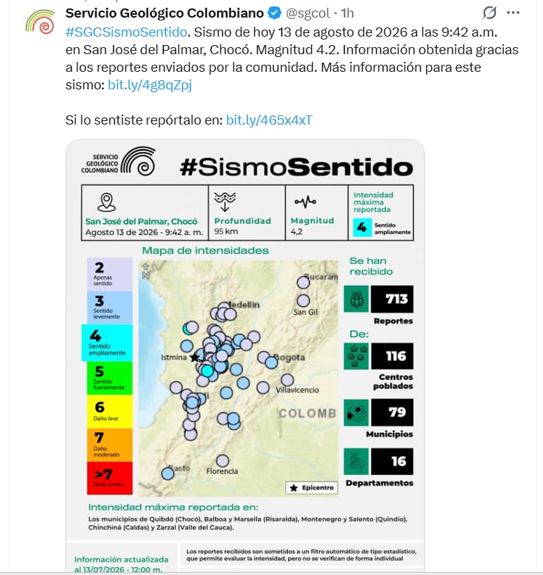 Las autoridades reportaron más detalles del movimiento de tierra - crédito SGC