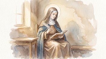 Una mujer con hábito religioso y aureola está sentada escribiendo con pluma en un libro abierto junto a una mesa de madera.