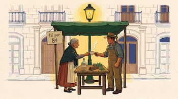 Ilustración de una mujer mayor en un puesto callejero, sirviendo una bebida caliente a un hombre. Un farol ilumina la escena urbana con edificios coloniales y hierbas.