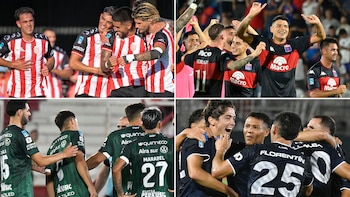 Collage de cuatro fotos de fútbol: Jugadores de Barracas Central (arriba izq), Tigre (arriba der), Sarmiento (abajo izq) e Independiente Rivadavia (abajo der) en el campo