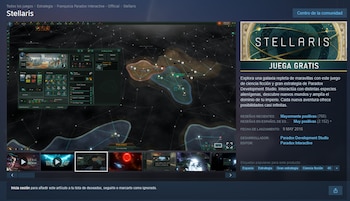 Una captura de pantalla del videojuego Stellaris muestra un mapa galáctico, planetas, naves, y paneles con detalles de juego