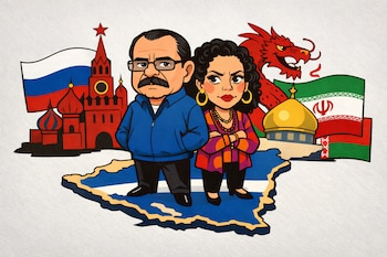 Caricatura de Daniel Ortega y Rosario Murillo sobre un mapa de Nicaragua. Detrás se ven banderas y símbolos de Rusia, China, Irán y Bielorrusia.
