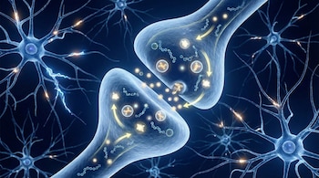 Primer plano de una sinapsis entre dos neuronas con moléculas y flechas de energía en fondo azul oscuro.