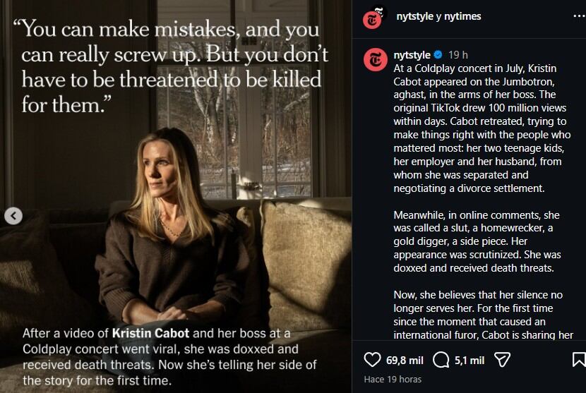 Kristin Cabot fue entrevistada por el New York Times tras escándalo viral en concierto de Coldplay (Captura: Instagram)