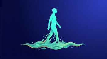 Silueta turquesa de una figura humana caminando mientras su parte inferior se disuelve en formas de agua sobre un fondo azul.