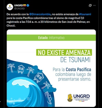La Ungrd descartó cualquier riesgo de Tsunami en el pacífico colombiano tras fuerte sismo - crédito X
