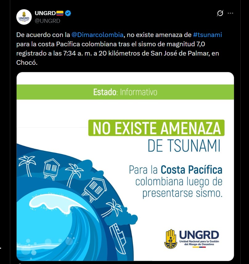 La Ungrd descartó cualquier riesgo de Tsunami en el pacífico colombiano tras fuerte sismo - crédito X