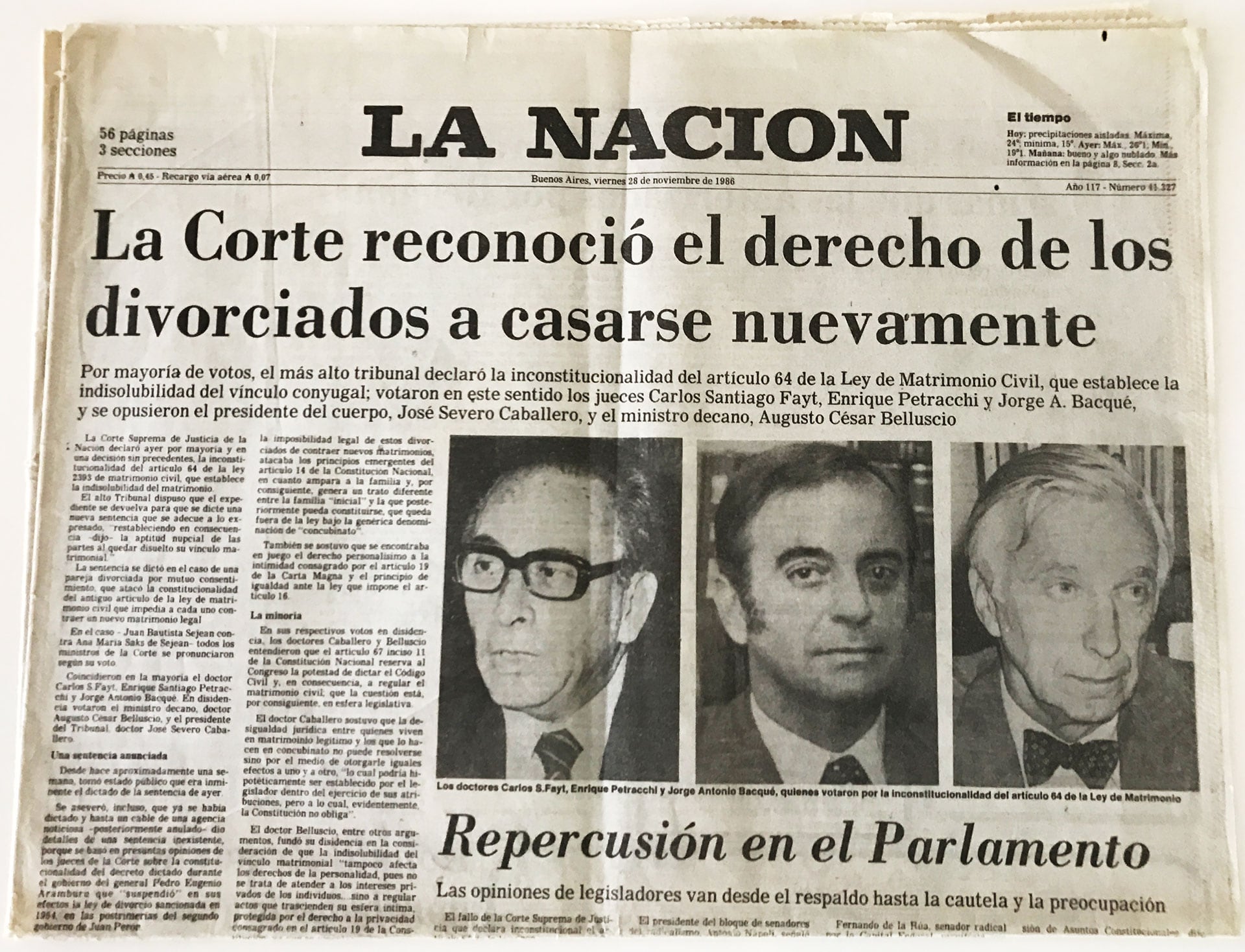 La tapa del diario La Nación muestra a los tres jueces de la Corte que votaron por declarar la inconstitucionalidad de un artículo de la Ley de Matrimonio Civil que regía en la Argentina