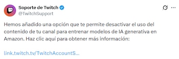 Captura de pantalla de un tuit de Soporte de Twitch anunciando la opción para desactivar el uso de contenido para entrenar IA de Amazon, con un enlace