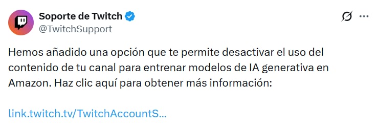 Para activar la exclusión, los usuarios deben ir a Ajustes, entrar en “Seguridad y privacidad” y deshabilitar “Entrenamiento para IA generativa”. (X: TwitchSupport