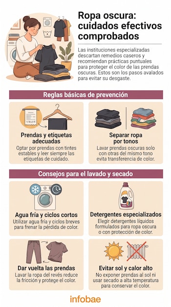 Infografía sobre cuidados de ropa oscura. Una mujer dobla ropa, una lavadora, percheros con ropa. Seis paneles con iconos e instrucciones de lavado y secado. Logo Infobae.