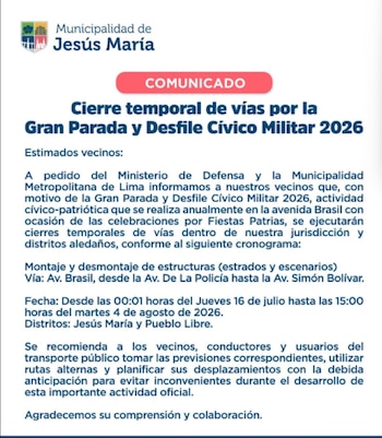 Comunicado de la Municipalidad de Jesús María.