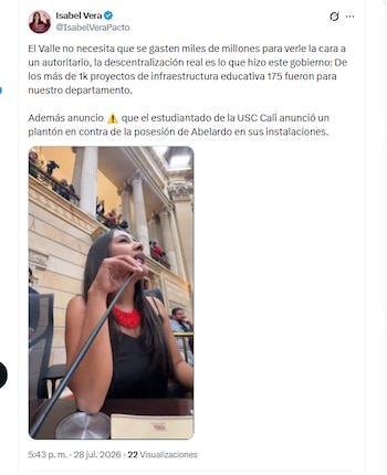 La representante Isabel Vera criticó el hecho de que Abelardo de la Espriella quiera posesionarse en Cali. La Cámara aprobó la proposición que autoriza el traslado del Congreso a la ciudad para ese fin - crédito @IsabelVeraPacto/X