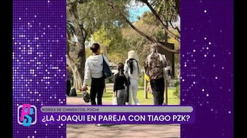 Fotografía de cuatro personas caminando de espaldas en un parque con un texto en pantalla sobre La Joaqui y Tiago PZK