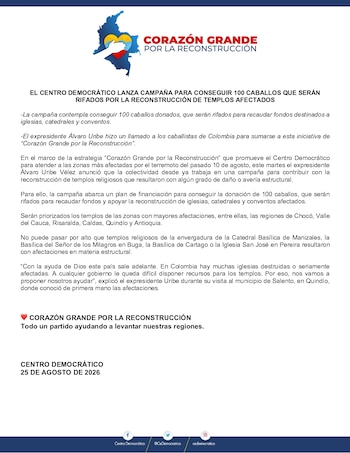 Centro Democrático lanzó la campaña “Corazón grande por la reconstrucción” para reunir 100 caballos donados y rifarlos con fines de reconstrucción de iglesias afectadas por el terremoto del 10 de agosto - crédito cortesía