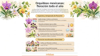 Infografía sobre orquídeas mexicanas con título, textos descriptivos de cuatro especies, íconos de temporada, ilustraciones de flores y una mujer con macetas. Fuente: Infobae.