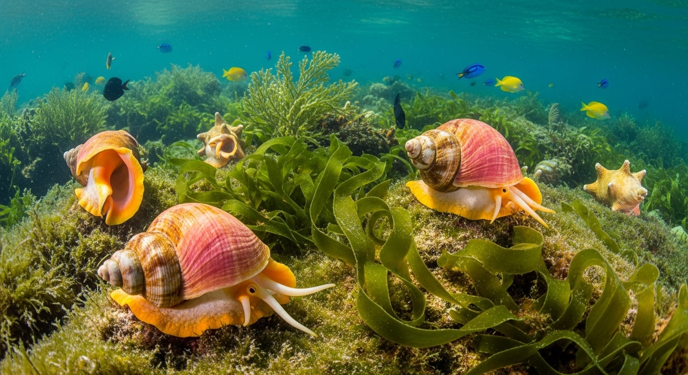 Los caracoles marinos cumplen un papel fundamental en la salud de los ecosistemas costeros, ya que ayudan a controlar el crecimiento de algas, reciclan materia orgánica y contribuyen al equilibrio de arrecifes y fondos marinos donde habitan numerosas especies. (Imagen Ilustrativa Infobae)