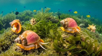 Imagen submarina que muestra varios caracoles reina con conchas rosadas y anaranjadas sobre algas verdes, con peces tropicales a la distancia.