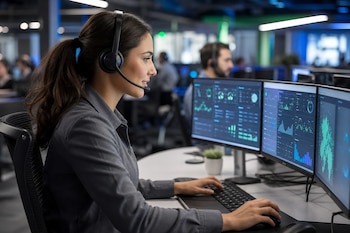 Una mujer con auriculares y micrófono sentada frente a un teclado, un ratón y tres pantallas de computadora con gráficos en una oficina.