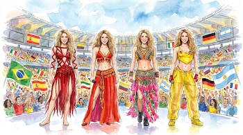 Ilustración acuarela de Shakira cuatro veces en un escenario de estadio con sus vestuarios de Mundiales, rodeada de banderas de países y público festejando.