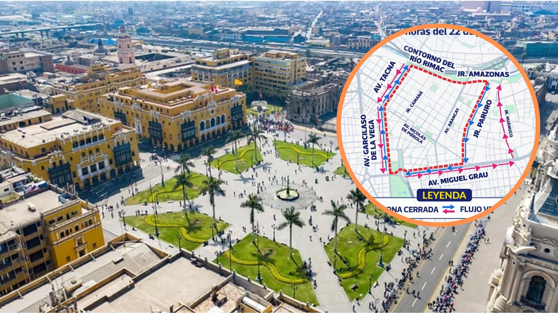 La Municipalidad de Lima restringirá el tránsito vehicular en el Centro Histórico del 19 al 22 de junio de 2026. Composición: Infobae
