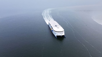Vista aérea de un ferri catamarán blanco en aguas oscuras con una estela de espuma trazada tras su recorrido