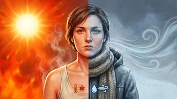 Ilustración de una mujer dividida: la mitad izquierda suda bajo un sol ardiente con musculosa; la mitad derecha está cubierta de escarcha y abrigo en ambiente gélido.