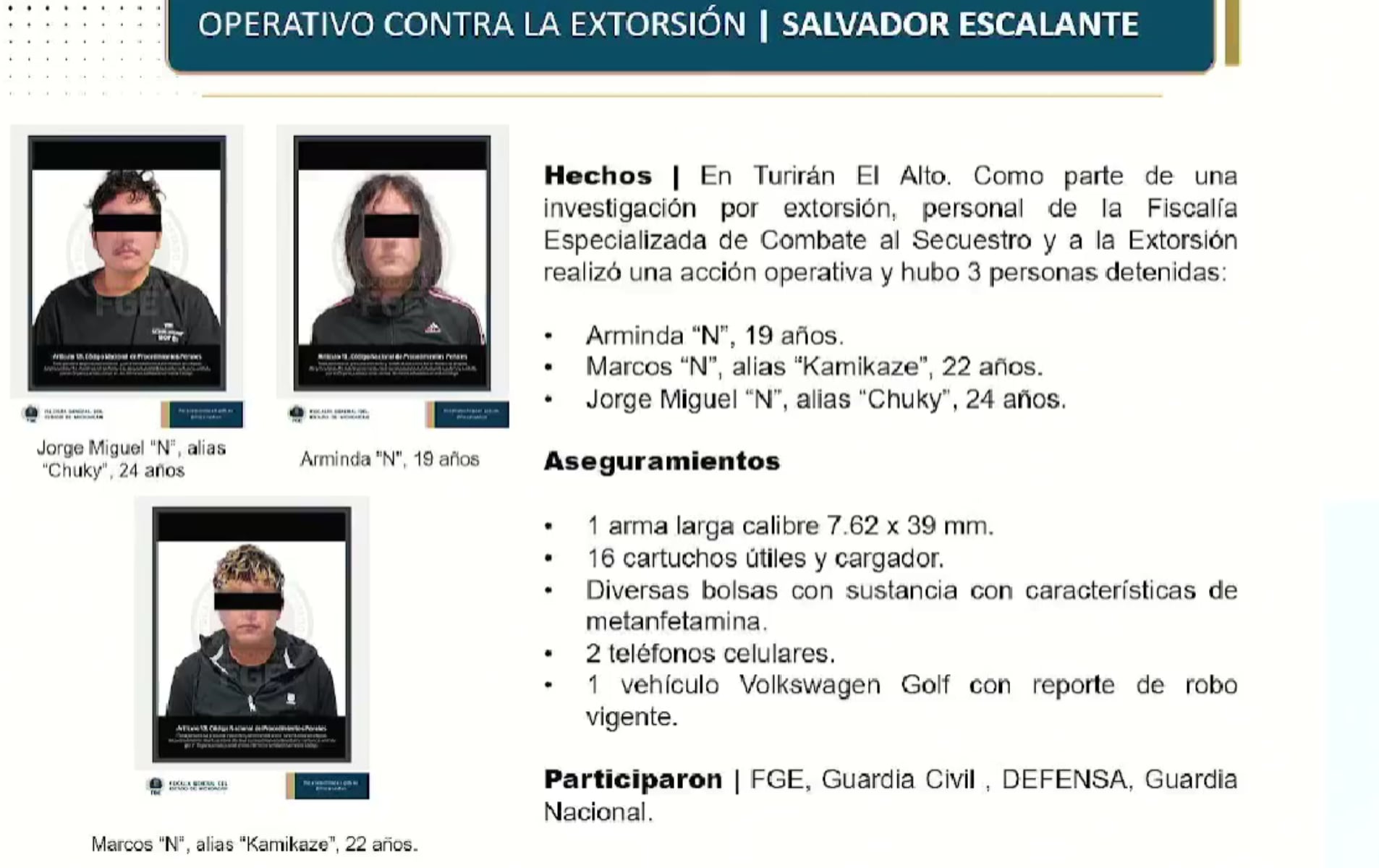 Detención de líder e integrantes de una célula de extorsión de aguacateros en Michoacán. Crédito: FGE Michoacán