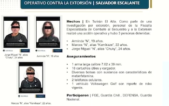 Detención de líder e integrantes de una célula de extorsión de aguacateros en Michoacán. Crédito: FGE Michoacán