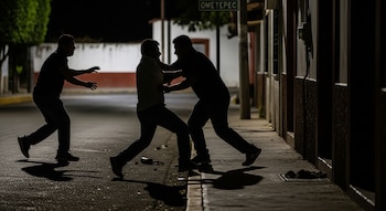 Tres hombres en silueta en una calle oscura por la noche; dos parecen forcejear mientras el tercero corre, con un letrero de 'OMETEP' visible al fondo.