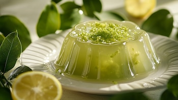 Postre en gelatina con aroma a cedrón, decorado con limón y hierbas frescas, presentación natural y elegante. – (Imagen Ilustrativa Infobae)