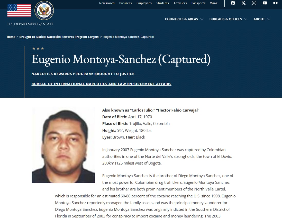 Eugenio Montoya-Sánchez fue acusado en Estados Unidos de conspiración para importar cocaína y lavado de dinero - crédito Departamento de Estado de los Estados Unidos