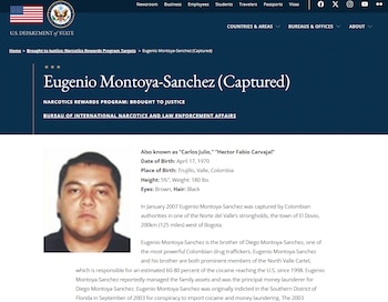 Eugenio Montoya-Sánchez fue acusado en Estados Unidos de conspiración para importar cocaína y lavado de dinero - crédito Departamento de Estado de los Estados Unidos