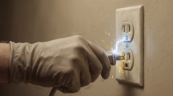 Una mano con guante conecta un enchufe en un toma corriente de pared, produciendo chispas y destellos eléctricos de color azul y amarillo.
