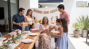 Madre de cabello gris sonríe, sentada en mesa decorada con flores, recibiendo regalos de sus hijos y nietos durante una celebración familiar.