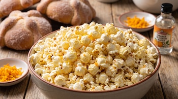 Tazón con palomitas de maíz sobre una mesa de madera junto a panes de muerto, recipientes con ralladura de naranja y una botella de vidrio.