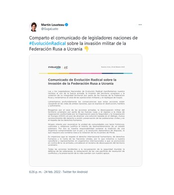 tuits de políticos sobre la invasión de Rusia a Ucrania