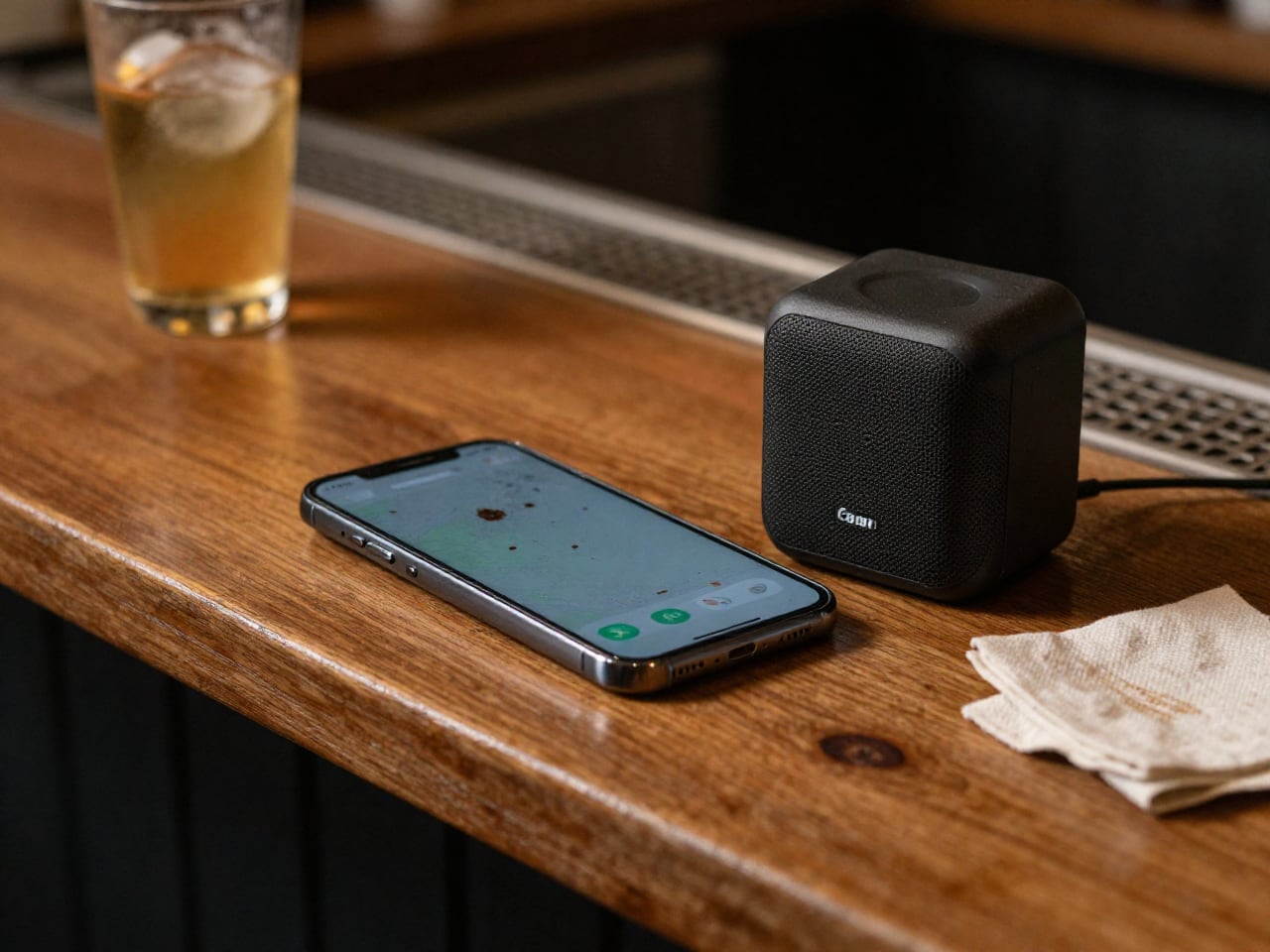 Un altavoz y un teléfono móvil colocados sobre la barra de un bar (Freepik)