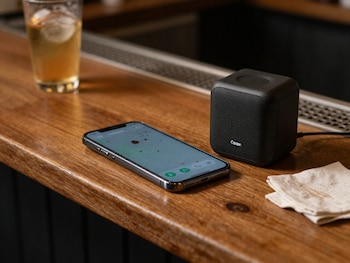 Un altavoz y un teléfono móvil colocados sobre la barra de un bar (Freepik)