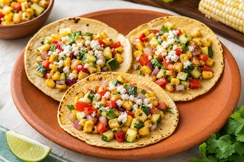 Tres tortillas con granos de elote, verduras picadas y queso sobre un plato de barro, acompañadas por un trozo de lima y cilantro.