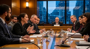 Vista de una mesa de conferencias con nueve personas en un debate. Una mujer habla activamente, rodeada de hombres y mujeres en trajes, con rascacielos al fondo.