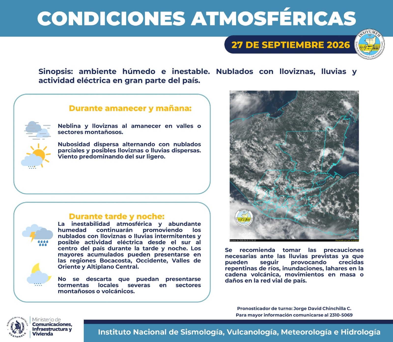 Un boletín del Instituto Nacional de Sismología, Vulcanología, Meteorología e Hidrología prevé un ambiente húmedo con lluvias en Guatemala para el 27 de septiembre de 2026. (CONRED Guatemala)